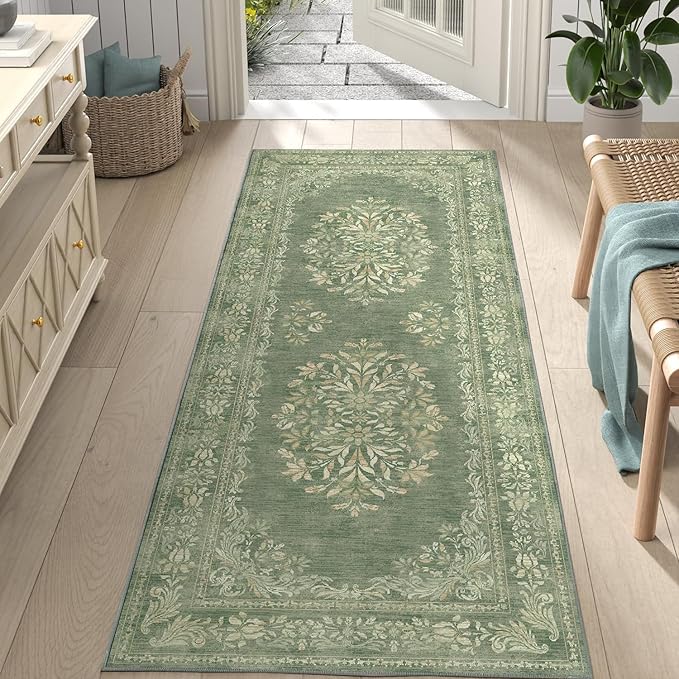 jinchan Vintage Floral Runner Rug 2x6 - Machine Washable Distressed Design Non-Slip Low-Pile Soft Thin Carpet for Hallway Kitchen Farmhouse Bedroom Entryway Laundry Room (2x6ft,Dark Green)