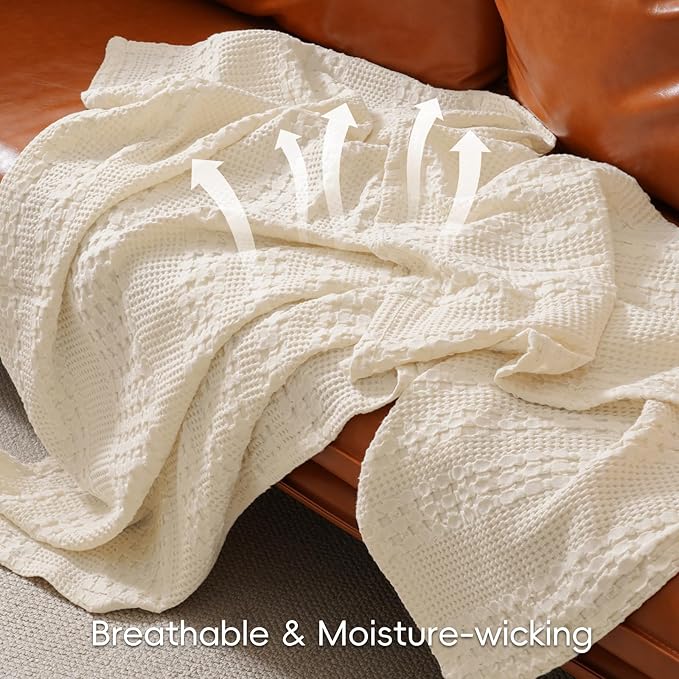 PHF 100% Cotton Waffle Weave Throw Blanket, Soft Lightweight Breathable Cozy Throws for Couch Bed Sofa, Luxury Aesthetic Woven Blanket for Home Decor & Office, 50"x60", Natural
