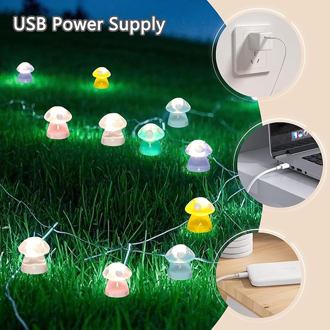 Impress Life Mushroom String Lights, 10FT 40LEDs Battery Operated or USB Powered Fairy Lights, Cute Mushroom Gifts for Indoor Outdoor Garden Party Wedding Decor