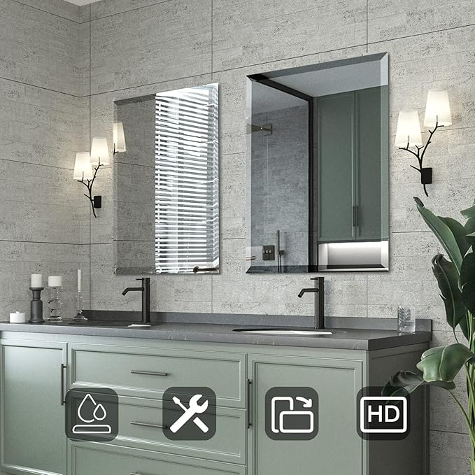 Mirrorons Beveled Mirror, Bathroom Mirrors for Wall 24" x 32", Frameless Rectangle Bathroom Mirror with Beveled Edge, Hangs Horizontally or Vertically, Upgraded Packing
