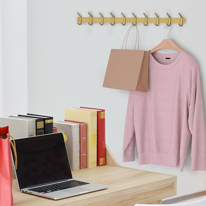 Brushed Gold Wall Mounted Coat Rack – 30 Inch Stainless Steel Rail with 10 Double Coat Hooks for Entryway, Bathroom, Bedroom, Kitchen – Modern Gold Hook Rack for Coats, Hats, Towels