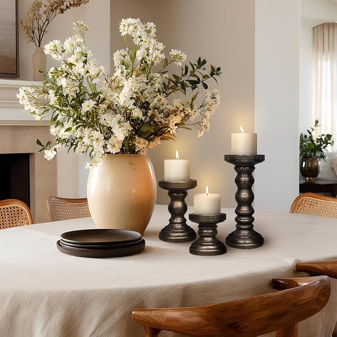 Candle Holder for Pillar Candle Set of 3, Farmhouse Wood Candle Holder, Rustic Wooden Candle Stand, Vintage Tall Candle Stand Decorative for Living Room, Table Centerpiece, Black Gold