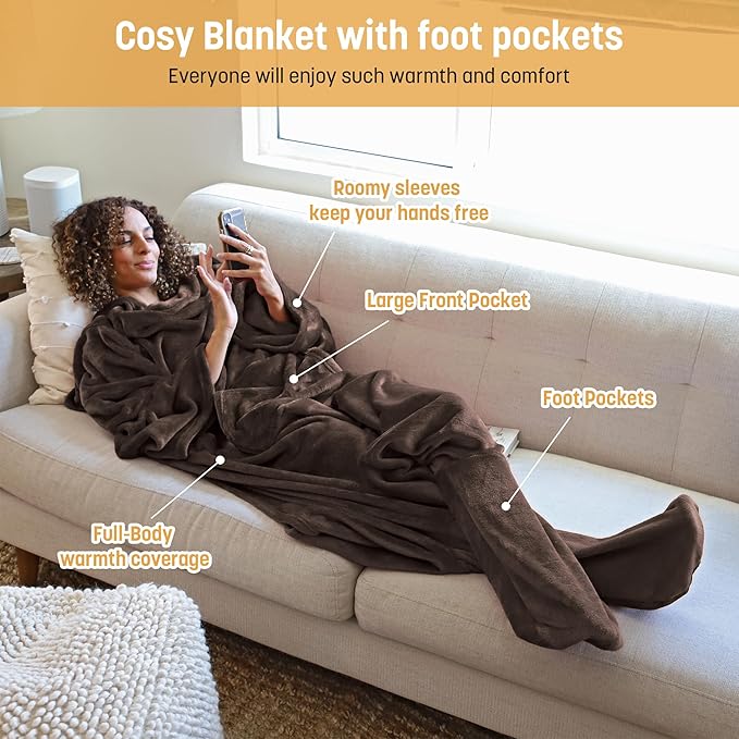 Catalonia Wearable Fleece Blanket with Sleeves and Foot Pockets for Adult Women Men, Micro Plush Comfy Wrap Sleeved Throw Blanket Robe Large, Brown