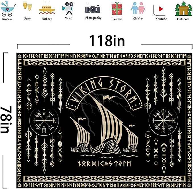 OSUNBD Viking Warship Tapestry Wall Hanging - Large 118x78 inches Storm & Celtic Runes on Soft Flannel Aesthetic Mythology Tapestries Norse Mythology Art for Bedroom, Living Room Decor