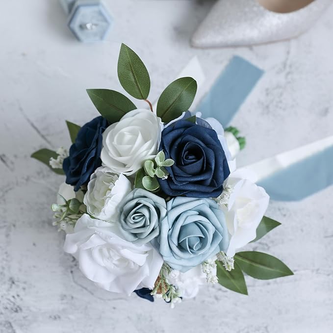 ponatia Dusty Blue Wedding Bouquets for Bride Bridesmaid, White Wedding Artificial Roses Flowers for Wedding Bouquets Ceremony, Anniversary (Dusty Blue & White)