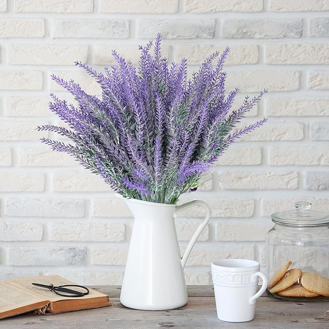 TURNMEON 20 Bundles Artificial Lavender Flowers for Outdoors, UV Resistant Fake Plants Artificial Plastic Faux Plants for Home Window Box Planter Porch Gardens Cemetery Summer Decor(Gray Purple)