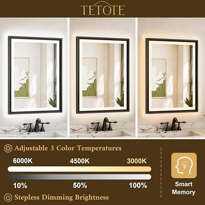 TETOTE 60x40 LED Bathroom Mirror with Lights Black Frame Frontlit & Backlit Lighted Vanity Mirror Baroque Anti Fog Dimmable White/Warm/Natural,CRI90+,Waterproof,Wall Mounted(Horizontal/Vertical)