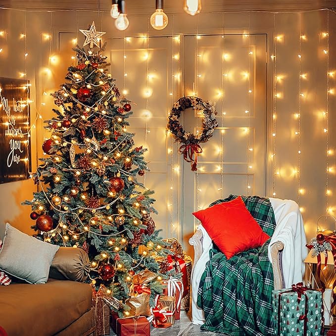 JMEXSUSS 600 LED Christmas Curtain Lights Outdoor, 9.5x19.6ft Christmas String Light Plug in with Remote, 8 Modes Wall Hanging Lights for Bedroom Party Backdrop Wedding Xmas Decor, Warm White