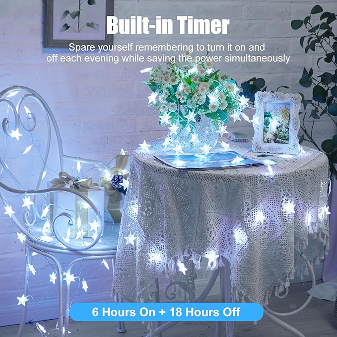 Minetom Star String Lights Battery Operated - 2 Pack 17 ft 50 LED Star Fairy String Lights with Timer, Waterproof for Indoor Bedroom Tent Loft Bed Patio Party Wedding Decor, White