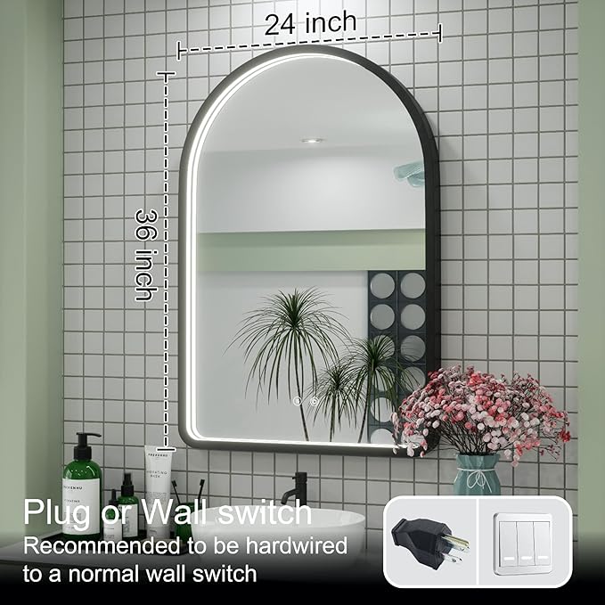 24x36 Inch Arched LED Mirror for Bathroom with Lights, Adjustable 3000K/4500K/6000K, Wall Mounted Black Frame Lighted Bathroom Vanity Mirror, Anti-Fog, Dimmable, Memory Function
