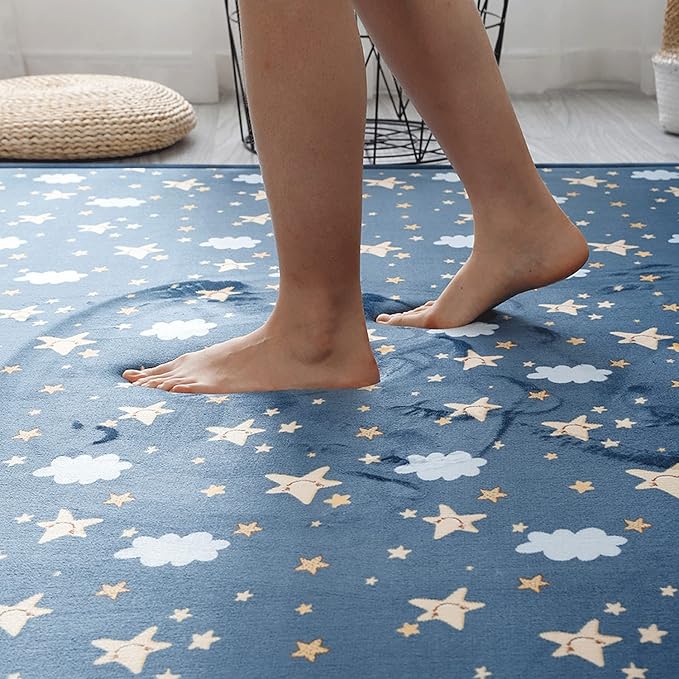 Loartee Coral Velvet Area Rug - 1" Thick Memory Foam Baby Play Mat, Washable Toddler Carpet, Home Decor for Living Room, Nursery, Kids Bedroom, Starry Blue, 4'3"x6'3"