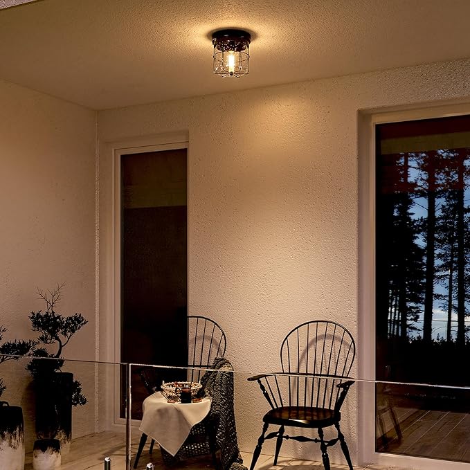 GLOBE Electric 60000162 1-Light Outdoor Flush Mount, Matte Black, Seeded Glass Shade, Thin Frame