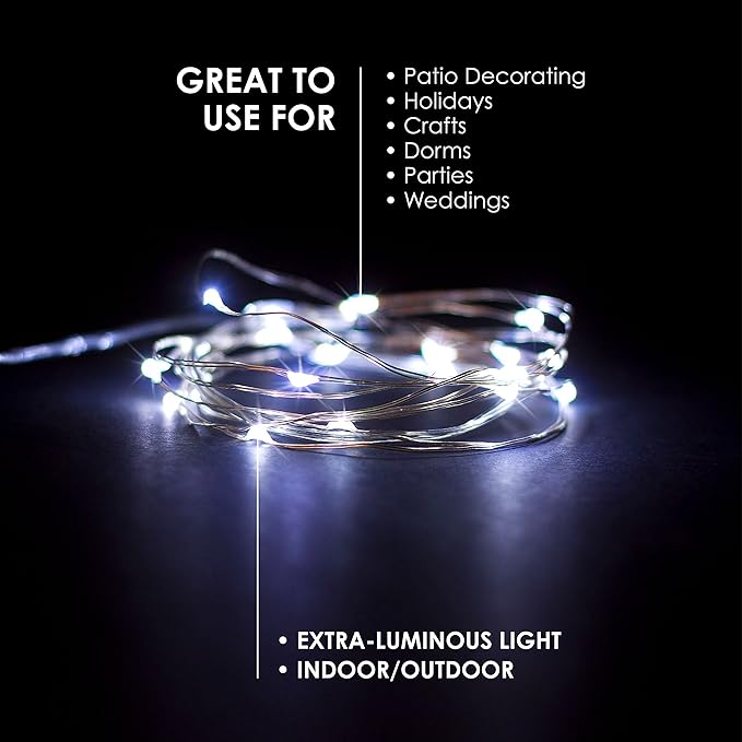2 Sets 20 LEDs Cold White Color String Lights Silver Wire Indoor and Outdoor 6.5 Feet Firefly Starry Fairy Lights Battery Powered for DIY, Christmas, Holidays, Party, Bedroom and Centerpieces