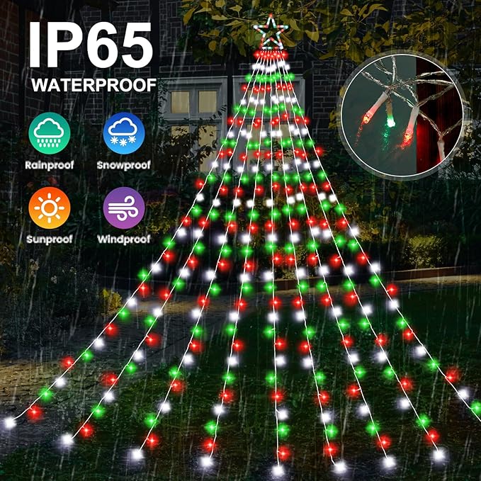 FUNIAO Outdoor Christmas Decorations Star Lights, 320 LED Hanging Twinkle Fairy String Lights Outside Tree Decoration Lights for Christmas, Yard, Garden, New Year (Plastic Star-Red White Green)