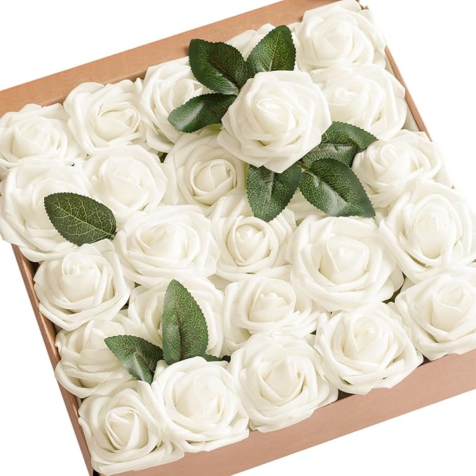 Ling's moment Artificial Flowers 50Pcs Ivory Roses Decor w/Stems,3" Real Touch DIY Foam Floral for Wedding Bouquet/Centerpieces, Outdoors Party Backdrop, Room/Table, and Garden/Pot Decorations