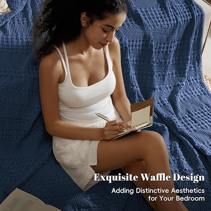 PHF 100% Cotton Waffle Weave Blanket Twin Size for Bed, Soft Lightweight & Breathable, All-Season Comfort, Luxury Aesthetic Woven Bedding for Home Decor, 66"x90", Blue Sapphire
