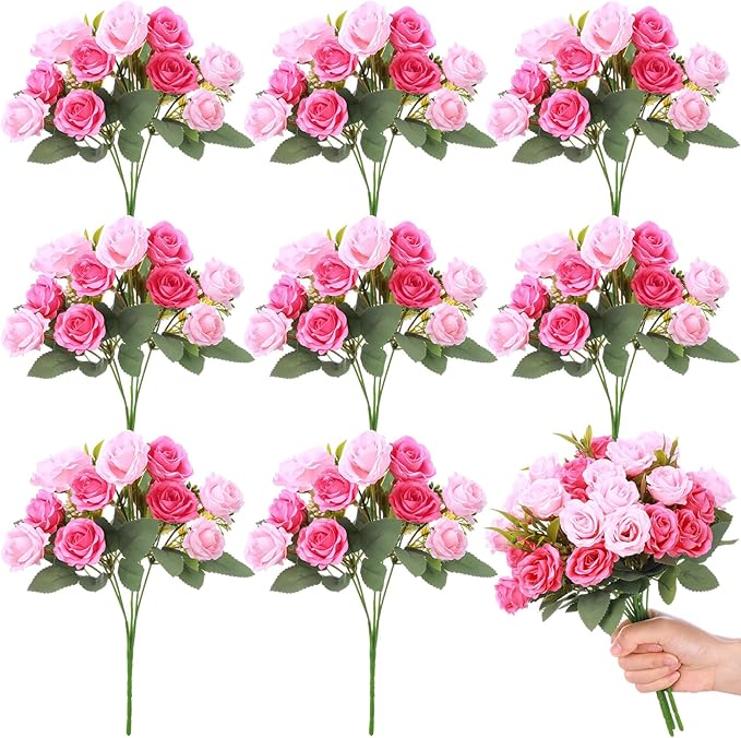 Zeyune 8 Pack 12 Inch Wedding Bouquets for Bride Bridesmaid Pink and Rose Red Artificial Rose Bouquet Fake Silk Roses Flowers Bunches Bulk for Home Office Garden Parties Decoration