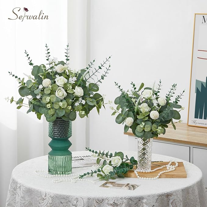Serwalin 200 Pcs 7 Kinds Mixed Artificial Eucalyptus Leaves Stems Bulk Faux Silver Dollar Eucalyptus Leaves Real Touch Greenery Branches for Wedding Floral Arrangement Table Centerpieces Home Decor