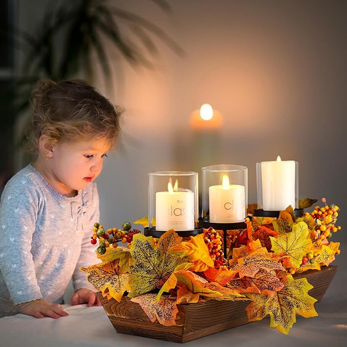 Fall Table Centerpiece Fall Thanksgiving Candle Holder with 3 Candle Holders and 3 Glass Cups, Artificial Maple Leaf Harvest Table Centerpiece with Pumpkins Berries
