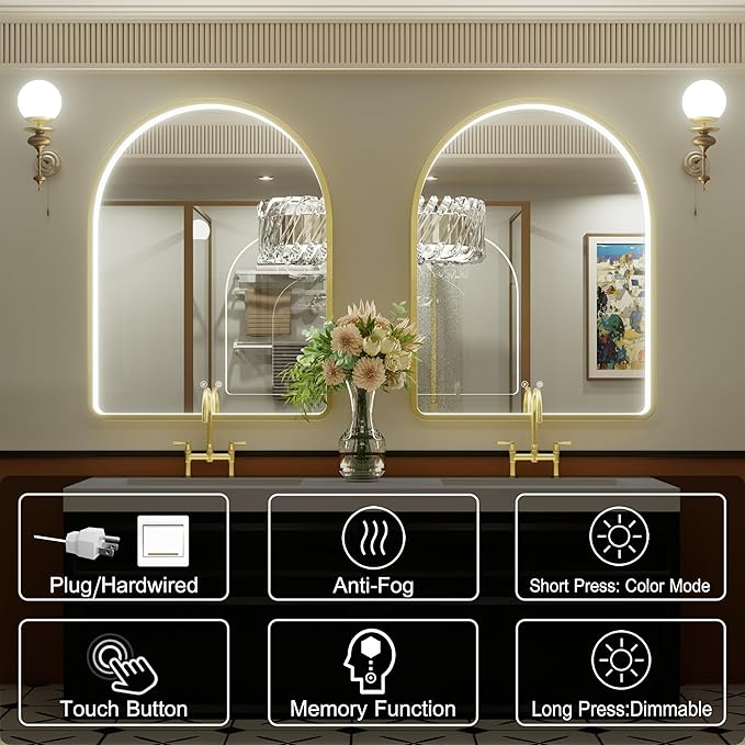 40x30 Inch Arched Gold LED Bathroom Mirror with Lights, Adjustable 3000K/4500K/6000K, Wall Mounted Framed Lighted Bathroom Vanity Mirror, Anti-Fog, Dimmable, Memory Function