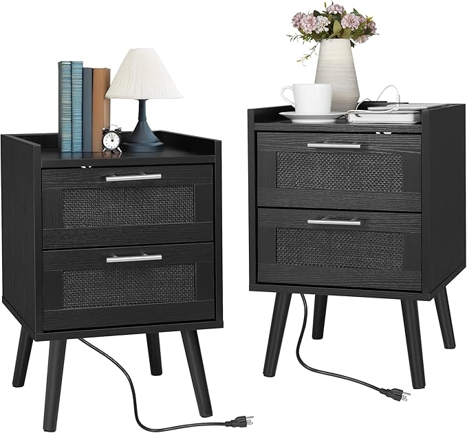 Finnhomy Nightstand with Charging Station, Bedside Table with 2 Hand Made Rattan Decorated Drawers, Night Stand with Storage for Bedroom, Full Black, Set of 2