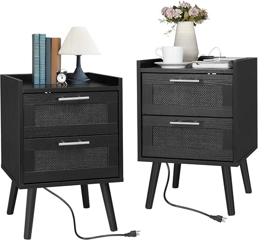 Finnhomy Nightstand with Charging Station, Bedside Table with 2 Hand Made Rattan Decorated Drawers, Night Stand with Storage for Bedroom, Full Black, Set of 2