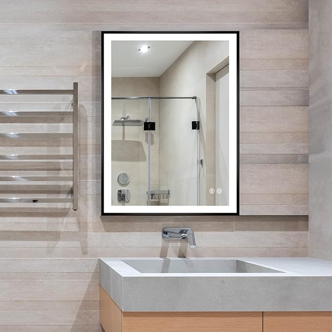 Fab Glass and Mirror LED Lighted Bathroom Mirror 20 x 30 Inch, Black Framed Wall Mounted Dimmable Vanity Mirror, Anti-Fog Touch Sensor, Adjustable Color Warm/White/Natural