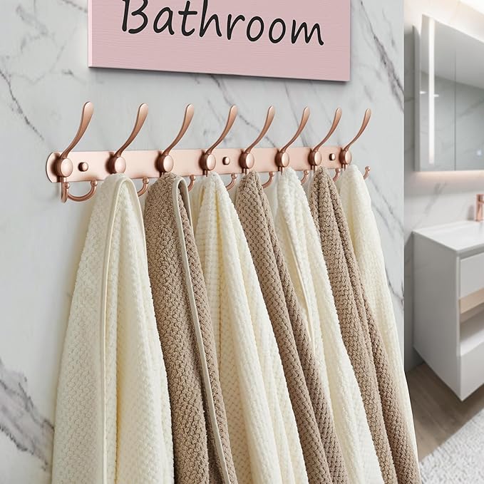 Dseap Coat Rack Wall Mount - 29.5” Long 8-Tri-Hooks Heavy Duty Coat Hanger Rail Wall Hooks for Hanging Coats Hats Clothing Clothes Purse Mudroom Entryway, Rose Gold