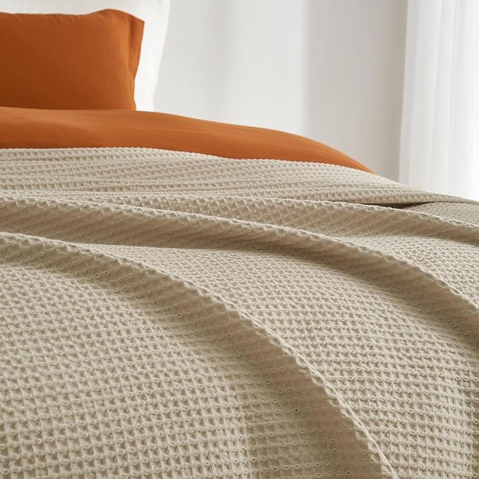 PHF 100% Cotton Waffle Weave Throw Blanket，Pre-Washed Snag Proof Lightweight Breathable Moisture-Wicking for Layering in Cold Weather for Couch Bed,Machine Washable,Home Decor Gift-Khaki/Simply Taupe