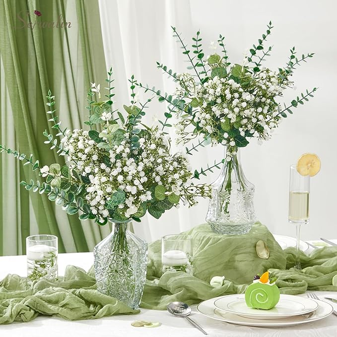 Serwalin 100 Pcs Mixed Artificial Eucalyptus Stems,Babys Breath Artificial Flowers Bulk with Faux Eucalyptus Leaves Greenery Stems for Wedding DIY Bouquets Floral Arrangement Home Decor