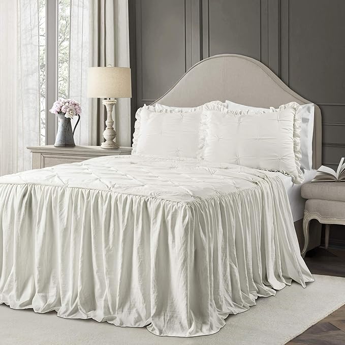 Lush Decor Ravello Pintuck Ruffle Skirt Bedspread Set - Luxe 3 Piece Ruffled Bedding Set - Traditional Glam & Farmhouse Inspired Bedroom Decor - King, White