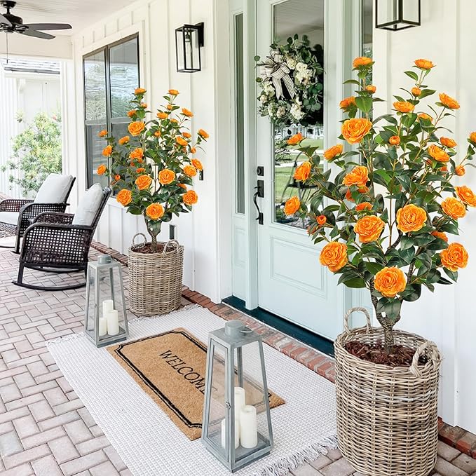 2 Pack 43.3"/3.6FT Artificial Tree with Camellia Flowers Fake Tree with 32 Blooming Flowers Orange Tree for Spring Home Front Door Outdoor Indoor Decor (Including Dried Moss)