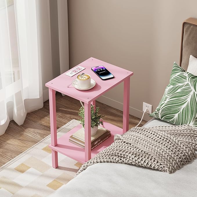 TUTOTAK End Table with Charging Station, Set of 2, Small Side Table with Outlets, Nightstand Bedside Table, 2-Tier Storage Shelf for Small Space, Living Room, Bedroom Pink TB01BP041