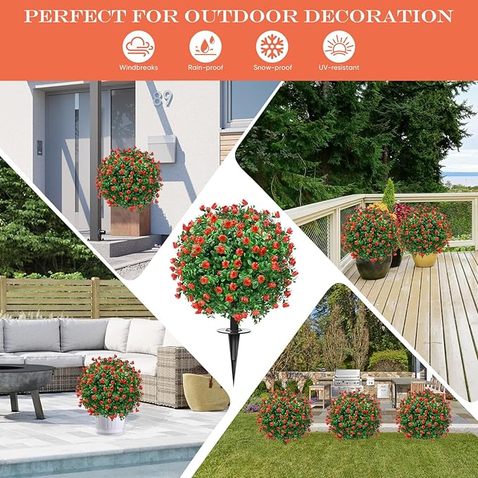 24" Artificial Topiary Boxwood Ball Tree with Ground Spike, Set of 2, UV Resistant Outside Fake Bushes Plants, Faux Cedar Balls Faux Shrubs Plastic Plants for Outdoor Indoor Front Porch Garden Decor