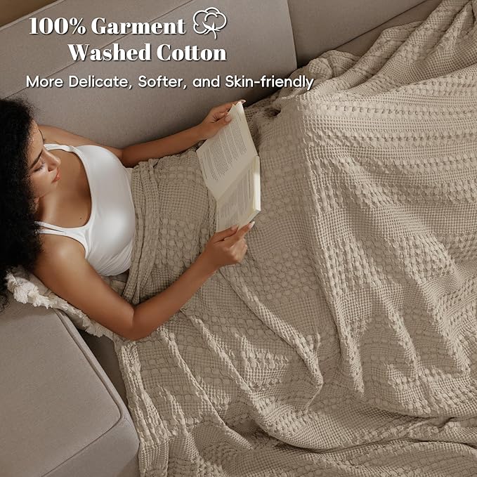 PHF 100% Cotton Waffle Weave Blanket Twin Size for Bed, Soft Lightweight & Breathable, All-Season Comfort, Luxury Aesthetic Woven Bedding for Home Decor, 66"x90", Taupe