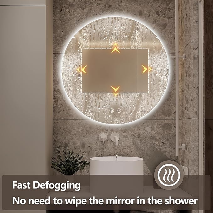 Niccy Round Led Mirror for Bathroom, 28" Circle Frameless Backlit Mirror wiht Light, Anti-Fog, 3 Colors, Waterproof, Memory Function