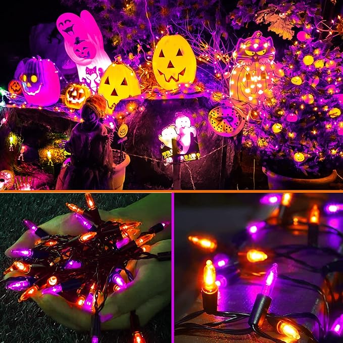 KOUQIYA Battery Halloween Lights, 2 Pack Total 100 LED 17ft Mini String Light with Auto-Timer 8 Modes Waterproof Tree Lights (Orange&Purple, 50 LEDs x 2 Pack)