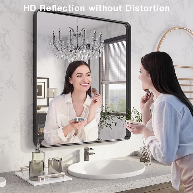 ISKM Black Framed Mirror for Wall 20"x 30", Bathroom Vanity Mirror Anti-Rust, Tempered Glass, Rounded Rectangle Mirror(Horizontal/Vertical)