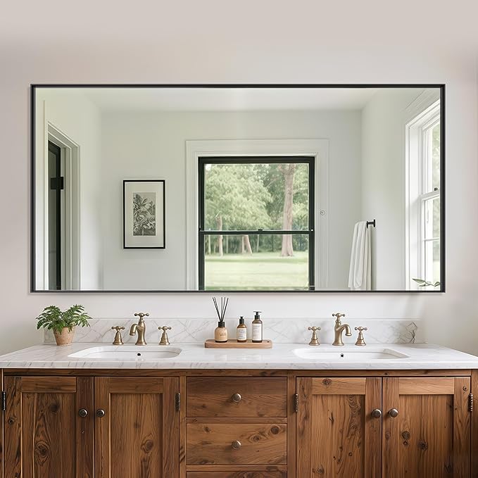 Suidia Bathroom Mirror, 60" x 30" Wall Mirror Metal Framed, Bathroom Vanity Mirror for Living Room Bedroom Bathroom Entryway, Black, Rect Corner Style
