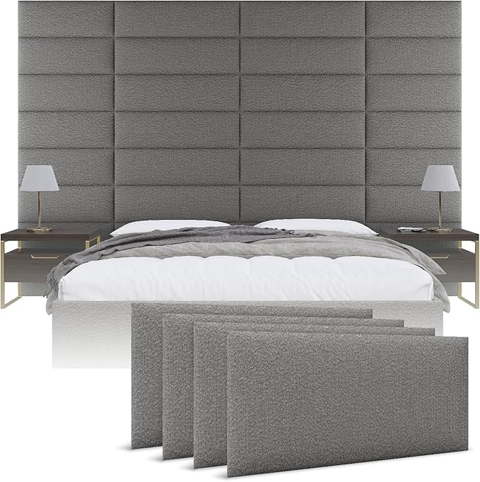 Vänt Upholstered Wall Panels - King/Cal King Size Wall Mounted Headboards - Boucle Grey - Twin/King - Set of 4 Panels (Each Individual Panel 39"x11.5")
