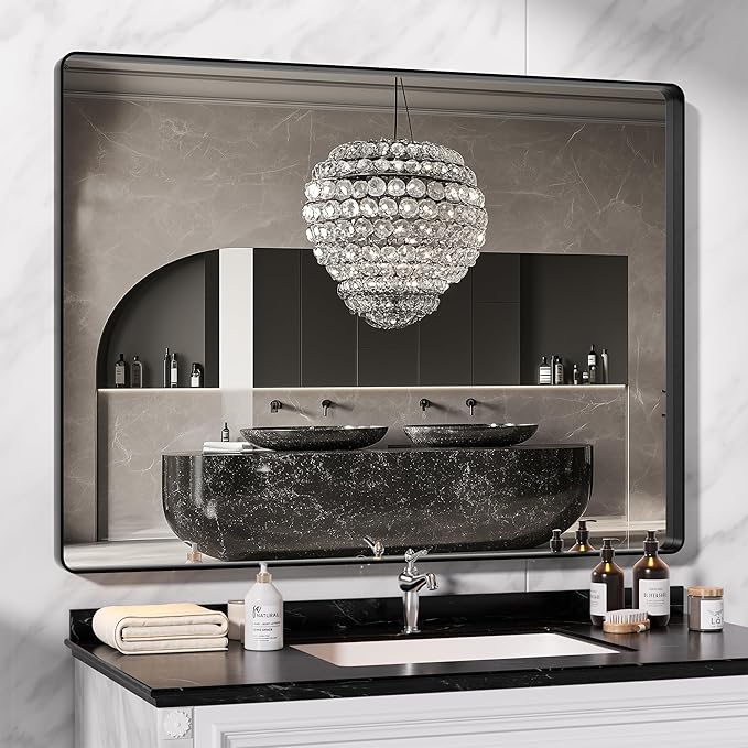Hasipu Black Bathroom Mirror for Wall, 48 x 36 Inch Metal Framed Bathroom Mirrors for Over Sink, Rectangle Bathroom Vanity Mirror, Anti-Rust, Tempered Glass, Horizontal or Vertical