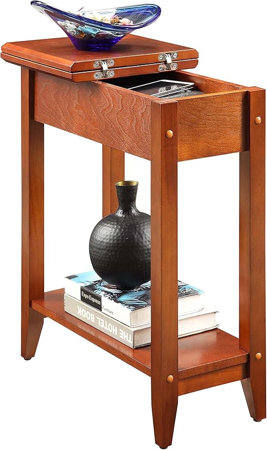 Convenience Concepts American Heritage Flip Top End Table 23.25" - Classic Narrow Chairside Accent with Hidden Storage & Lower Shelf for Traditional, Modern Living Room, Cherry