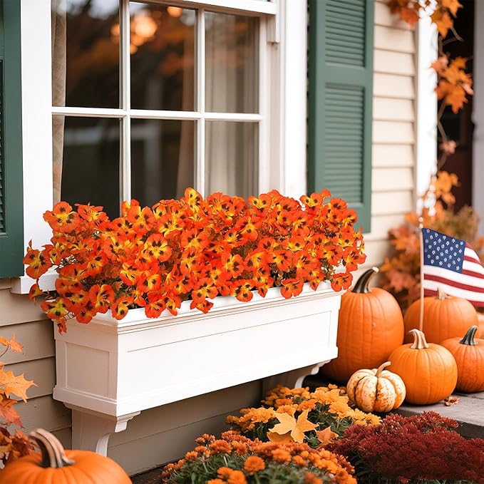 Ouddy Decor 15 Bundles Fake Mums Artificial Fall Flowers for Decorations, Fall Faux Pansy Flowers UV Resistant Fake Plants for Garden Porch Patio Farmhouse Autumn Harvest Thanksgiving Decor, Orange