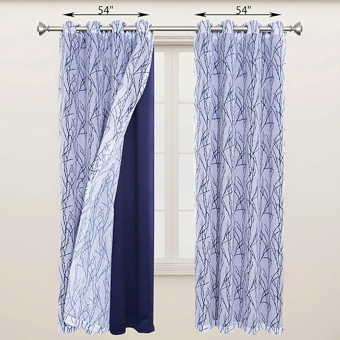 BONZER Mix and Match Curtains - 2 Pieces Branch Print Sheer Curtains and 2 Pieces Blackout Curtains for Bedroom Living Room Grommet Window Drapes, 54x63 Inch/Panel, Indigo, Set of 4 Panels