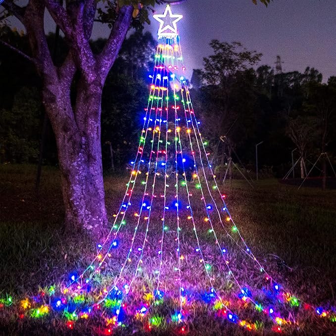 FUNIAO (New) Christmas Lights, Outdoor Christmas Decorations, 320 LED Waterfall String Lights, 8 Light Modes Chrsitmas Lights with 12" Star Tree Topper for Yard, Wedding, Party, New Year (Multicolor)