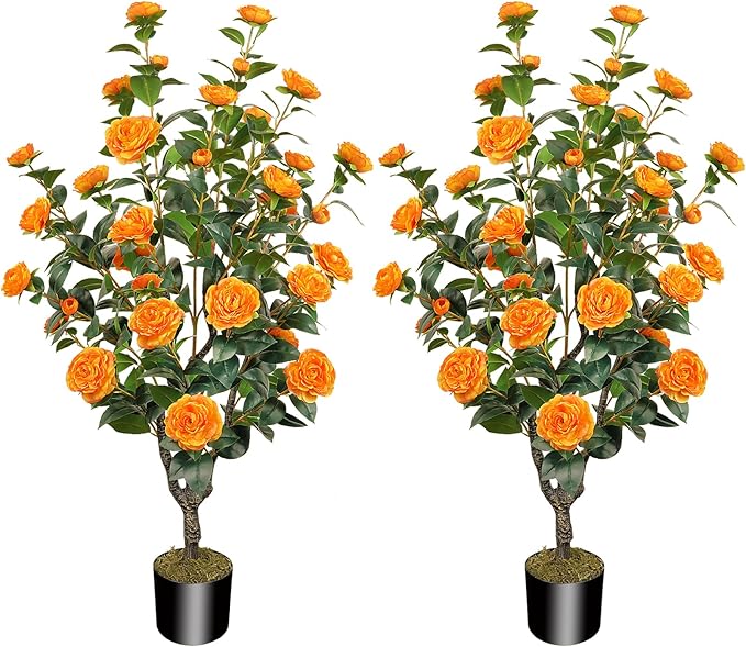 2 Pack 43.3"/3.6FT Artificial Tree with Camellia Flowers Fake Tree with 32 Blooming Flowers Orange Tree for Spring Home Front Door Outdoor Indoor Decor (Including Dried Moss)
