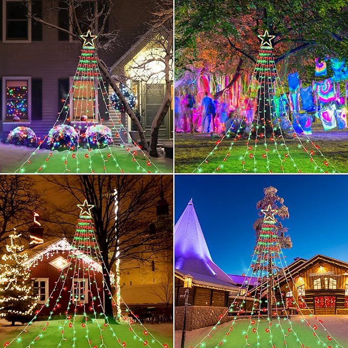 FUNIAO Christmas Decoration Lights - 320 LED Star String Lights Tree Topper with 12" Star for Yard, Garden, Wedding, Party - Red & Green