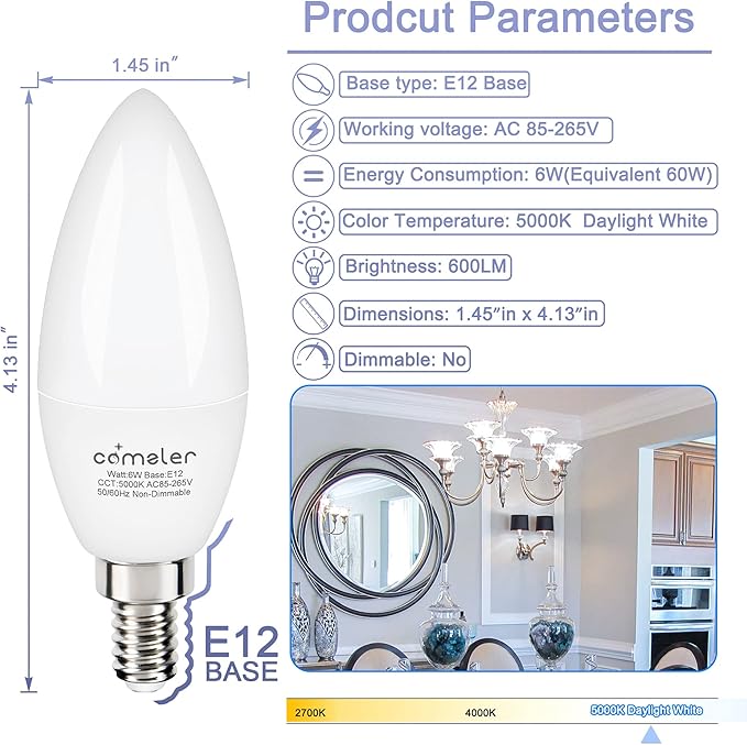 comzler 6W Candelabra LED Bulb, Small Base E12 LED Bulb 60 Watts Equivalent,Chandelier Light Bulbs Type B Light Bulb Daylight 5000K, Pack of 6, Non-Dimmable
