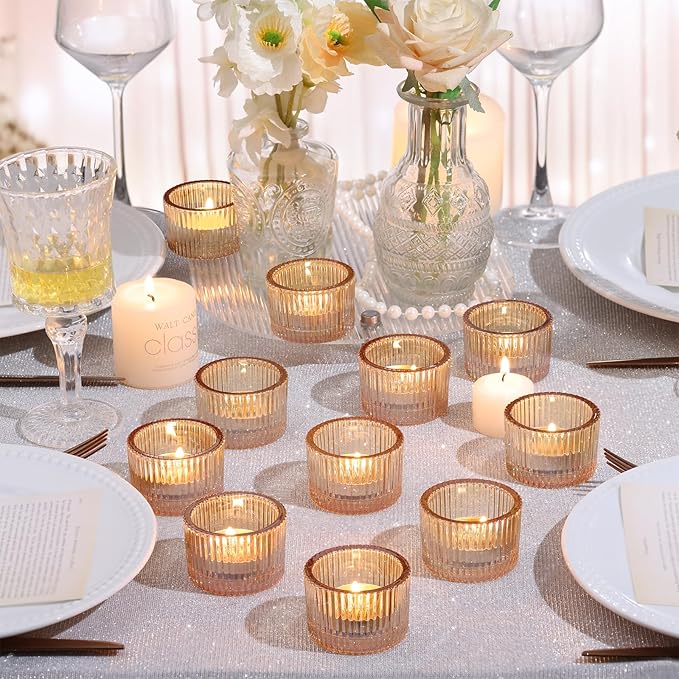 12Pcs Gold Candle Holders for Table Centerpiece, Ribbed Gold Tea Light Candle Holders with 20pcs Tea Light Candles for Wedding Decor, Home Decor and Party Decor