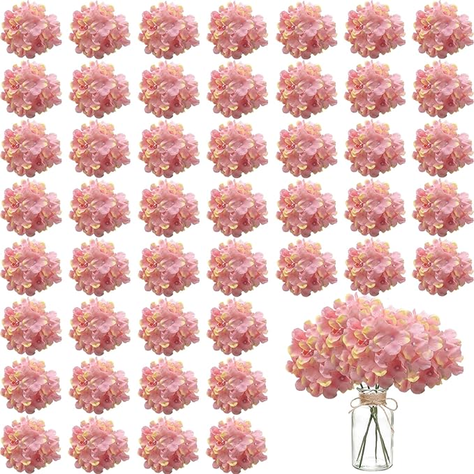 100PCS Artificial Hydrangea Flowers, Fake Flowers Silk Hydrangea Full Flowers Heads with Stems for Wedding Home Party Shop Baby Shower Decor (Purple Pink)